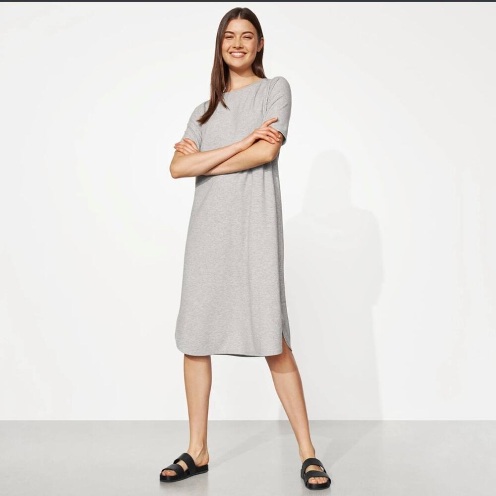 Eileen Fisher Dark Pearl Tencel Rib Crewneck Elbow Sleeve‎ Midi Dress Size XS